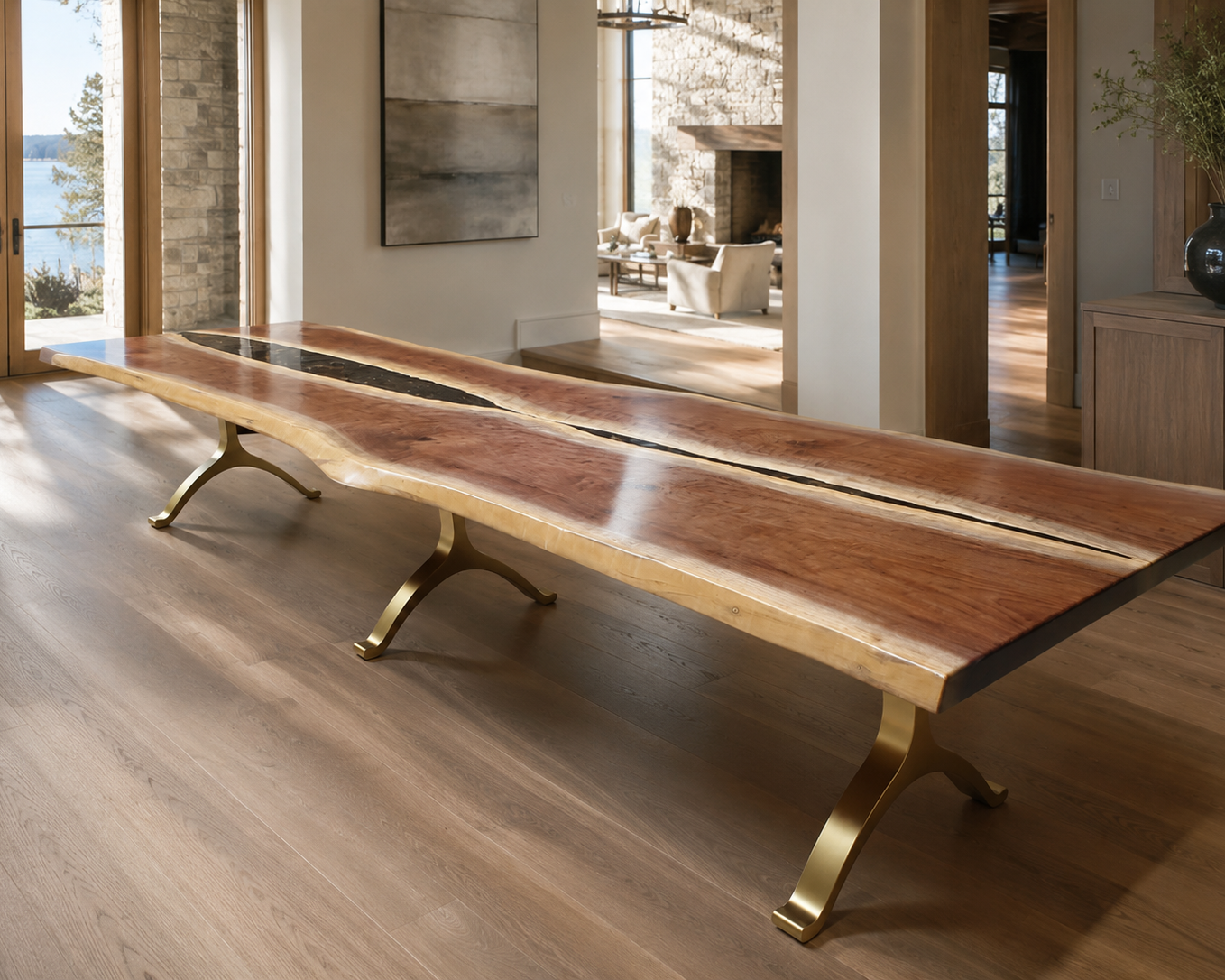 Large live-edge walnut table with sculptural brass bases in a spacious modern interior.