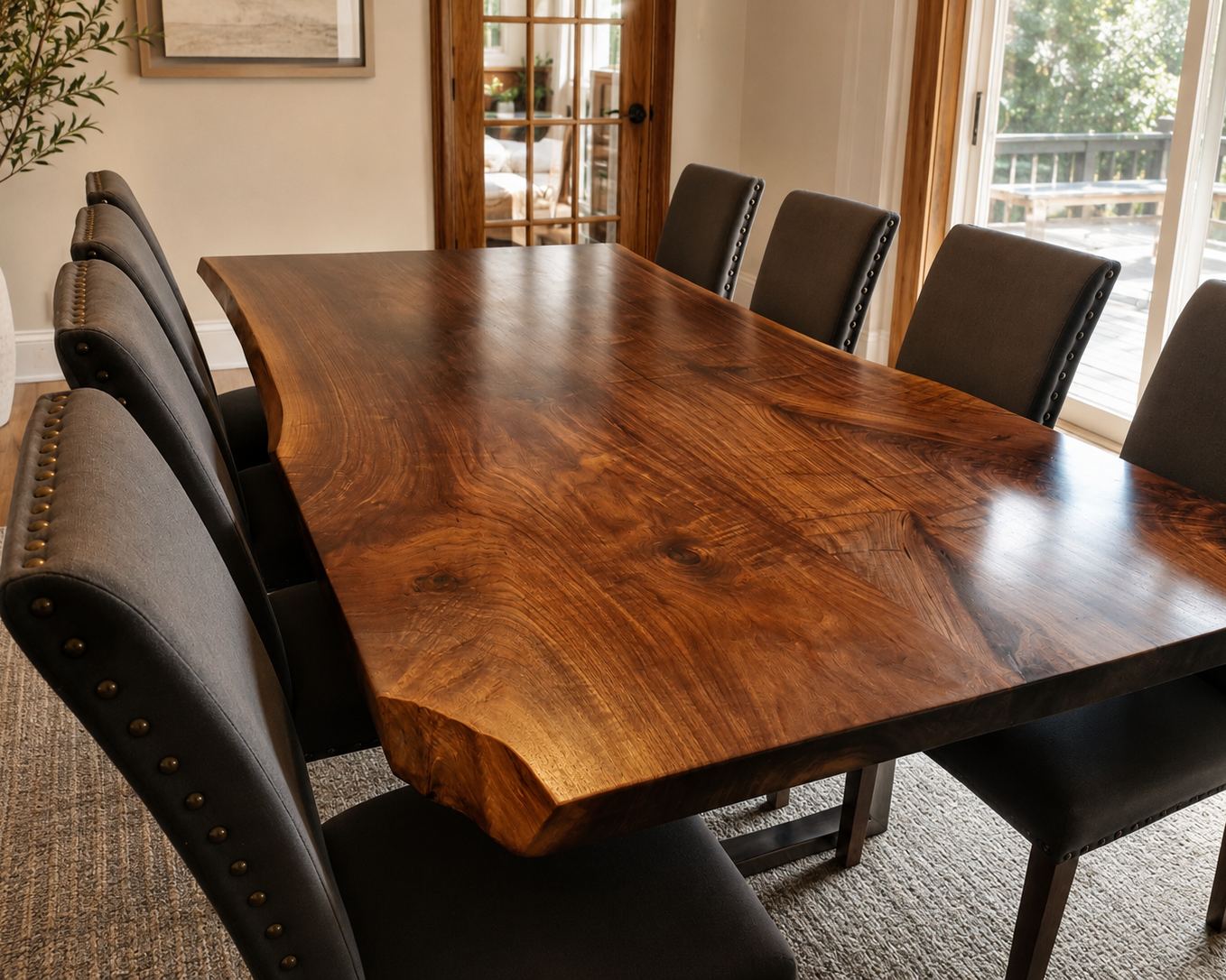 Live-edge walnut dining table surrounded by black upholstered chairs in a warm residential dining room.