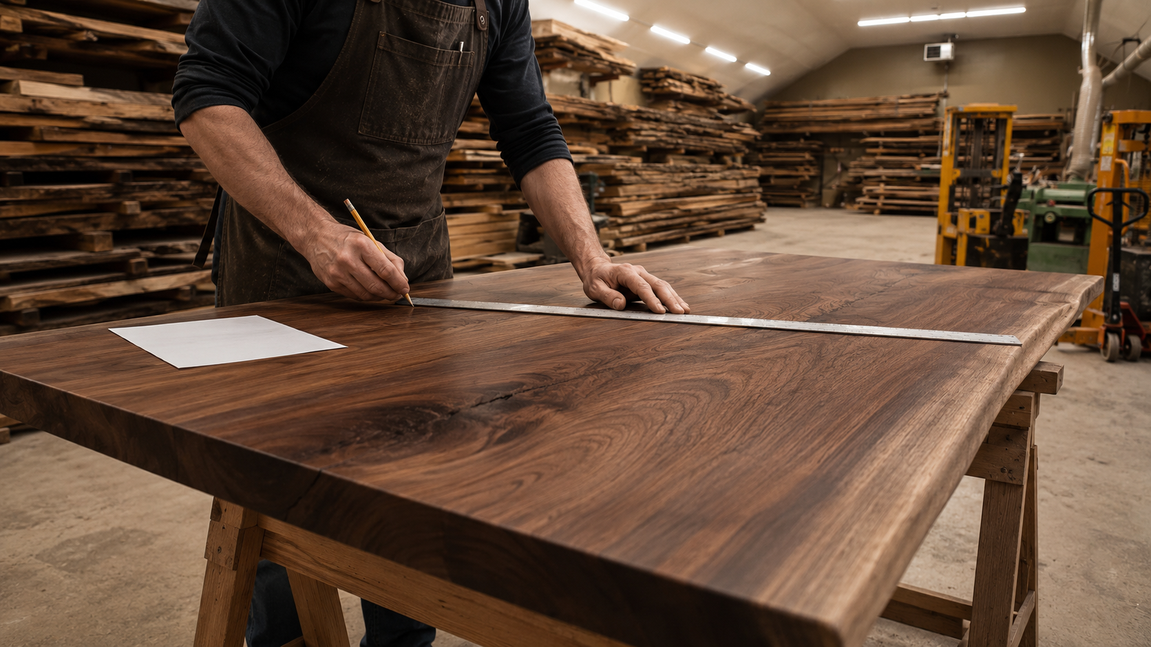 Craftsperson measuring and marking a walnut tabletop inside the Beaver Hardwood workshop.
