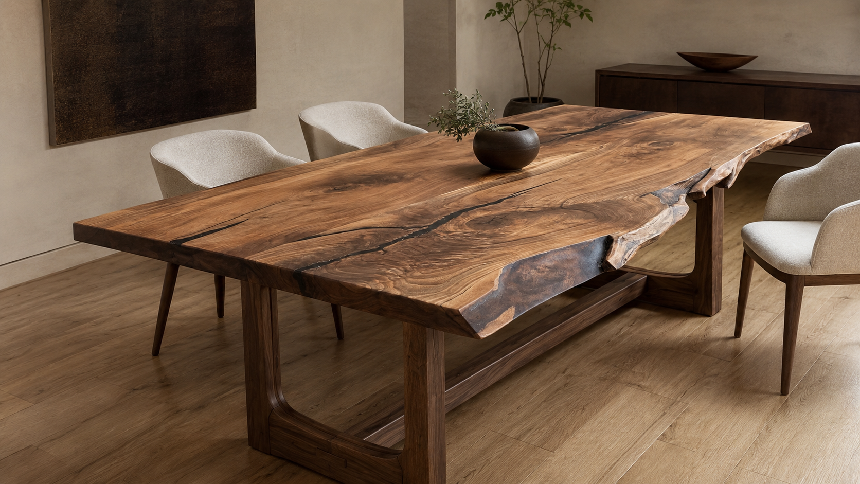 Custom walnut dining table designed for a refined residential interior with tailored proportions and detailing.