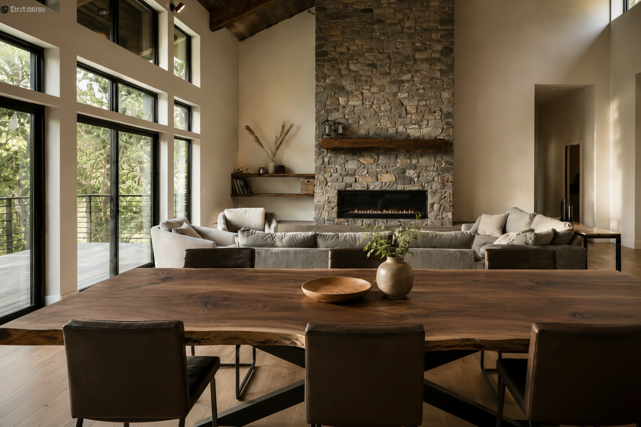 Large live-edge walnut dining table in a warm contemporary interior with a stone fireplace and tall windows.