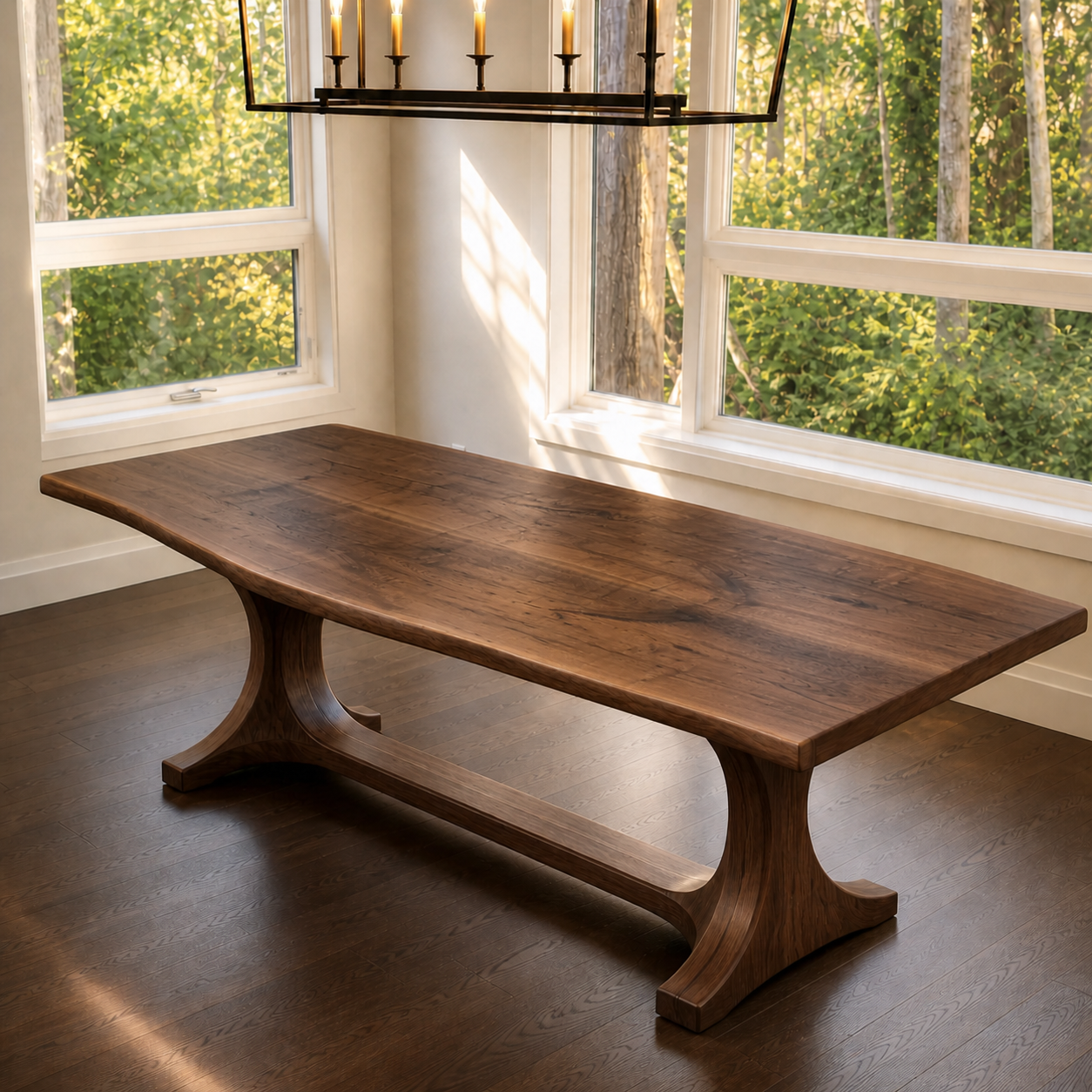 Commission-built walnut dining table with sculpted trestle base in a bright residential interior.