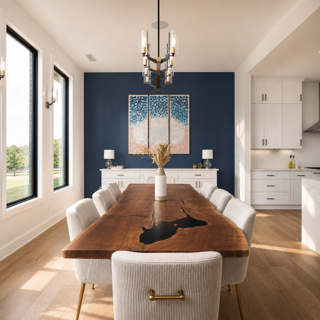 Large statement walnut dining table placed in a bright contemporary interior.