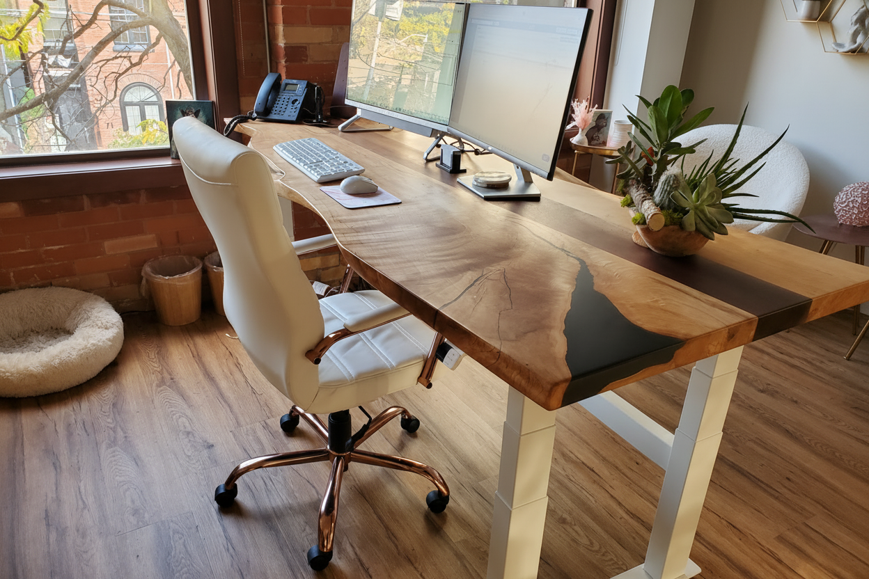 Custom live-edge wood desk with dual monitors and office chair in a bright professional workspace.