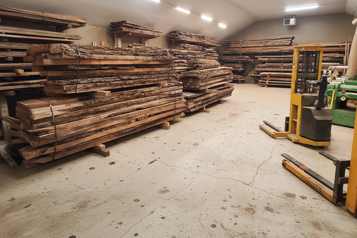 Private inventory of rough-cut hardwood slabs stored inside the Beaver Hardwood workshop in Ontario.