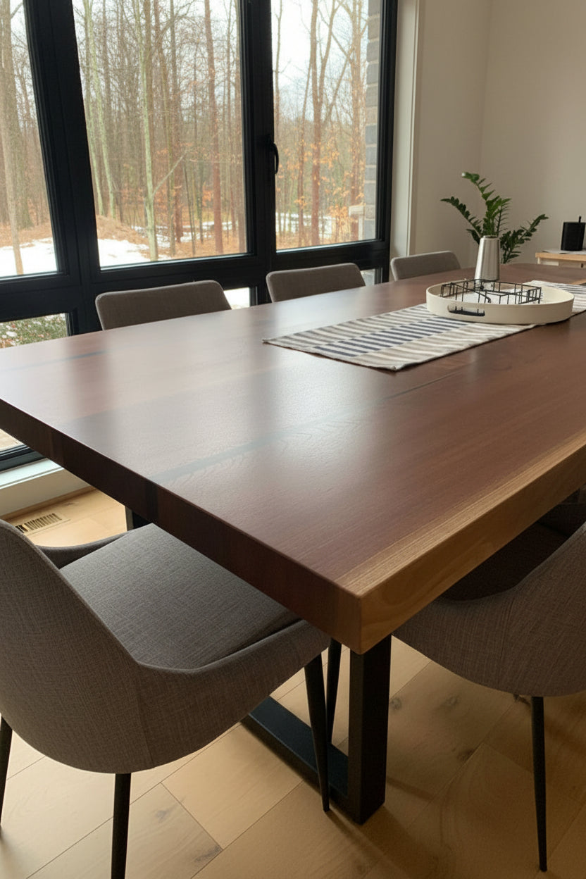 Bright contemporary interior with large windows overlooking a wooded Ontario landscape.