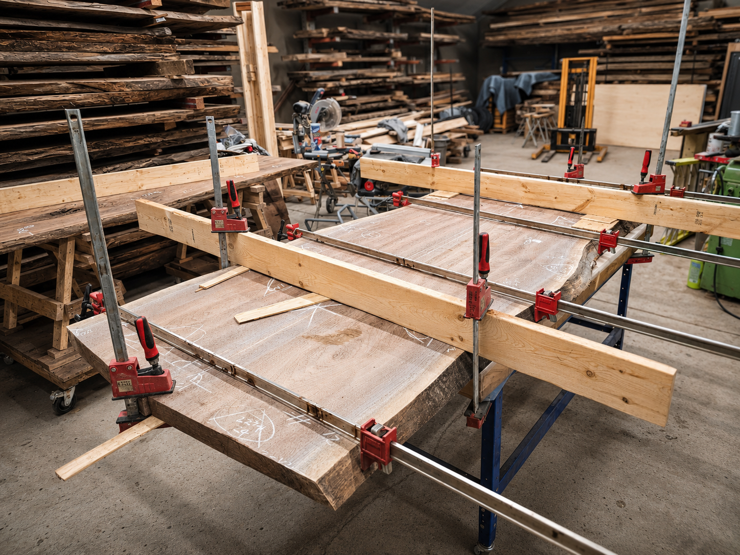 Walnut tabletop panels clamped during glue-up inside the Beaver Hardwood workshop.