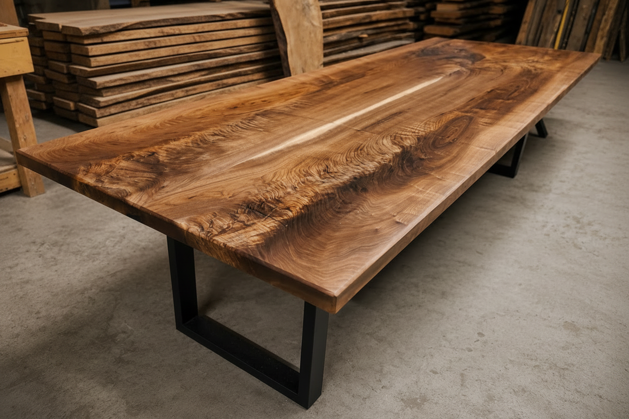 Completed live-edge walnut dining table with black steel legs displayed inside the Beaver Hardwood studio.