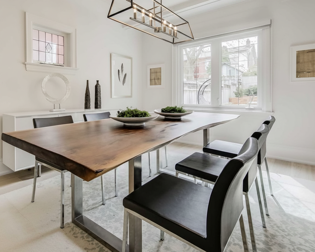 Custom walnut dining table with a contemporary metal base in a bright, tailored interior.