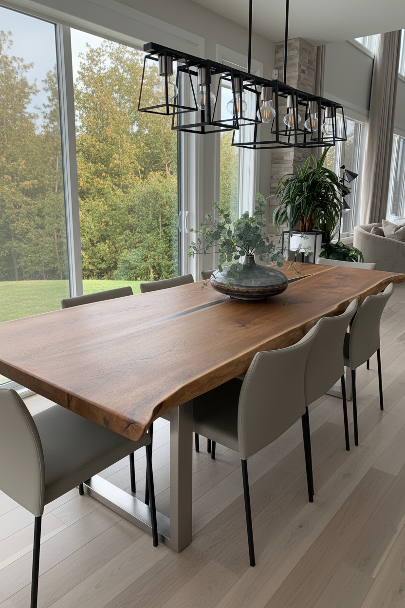 Custom walnut dining table installed in a bright contemporary home with large windows and modern pendant lighting.
