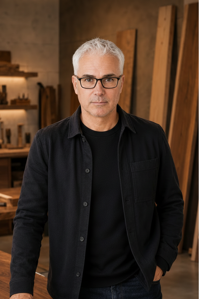 Beaver Hardwood founder Mark Allen standing in his Ontario furniture studio.