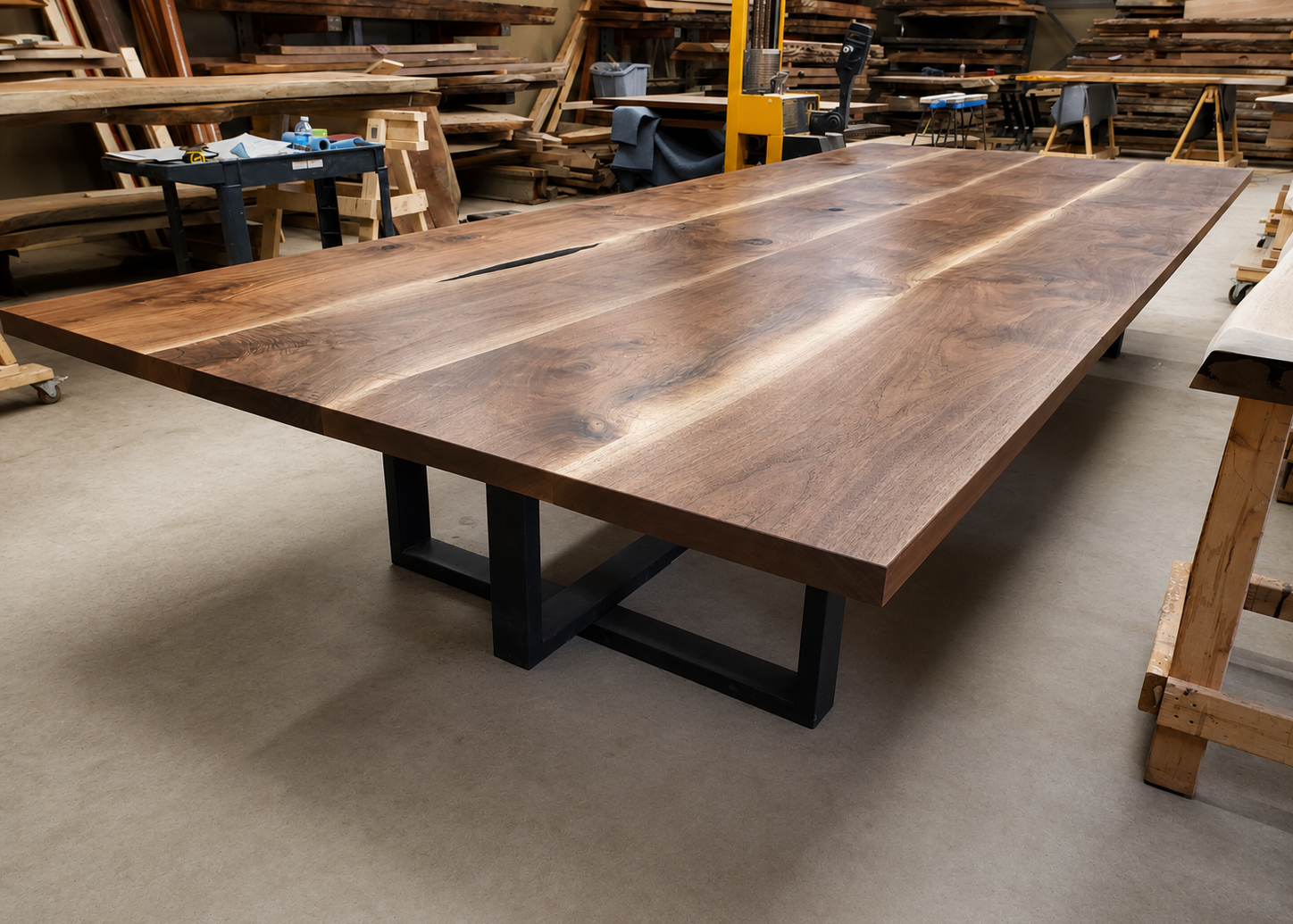 Completed walnut dining table with a black architectural base inside the Beaver Hardwood workshop.