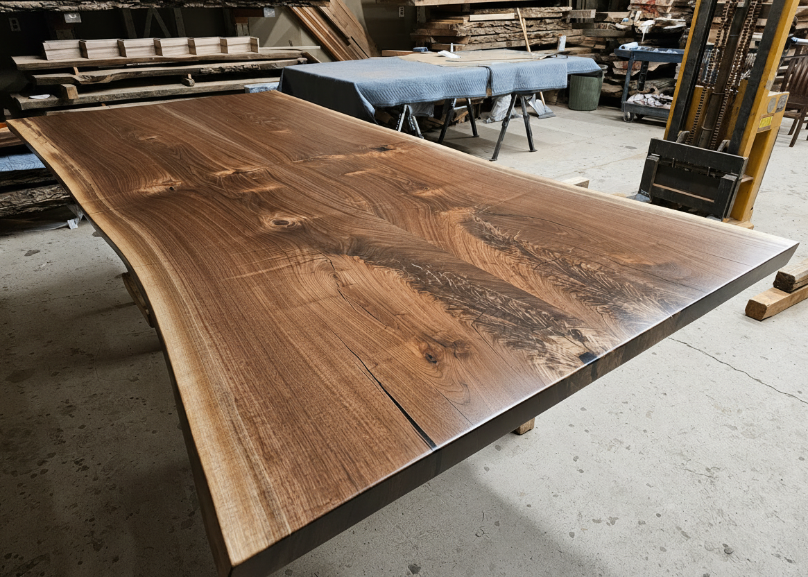 Close view of a finished walnut tabletop showing natural grain, figure, and edge detail in the Beaver Hardwood studio.
