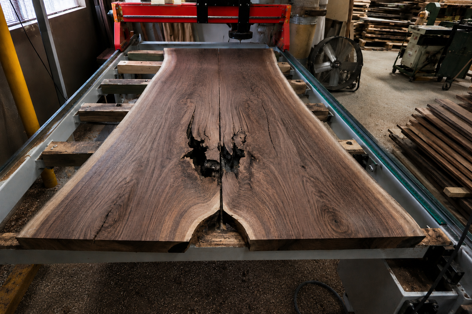 Large live-edge walnut slab with natural grain, voids, and character positioned on a Woodwizz table in the Beaver Hardwood workshop.