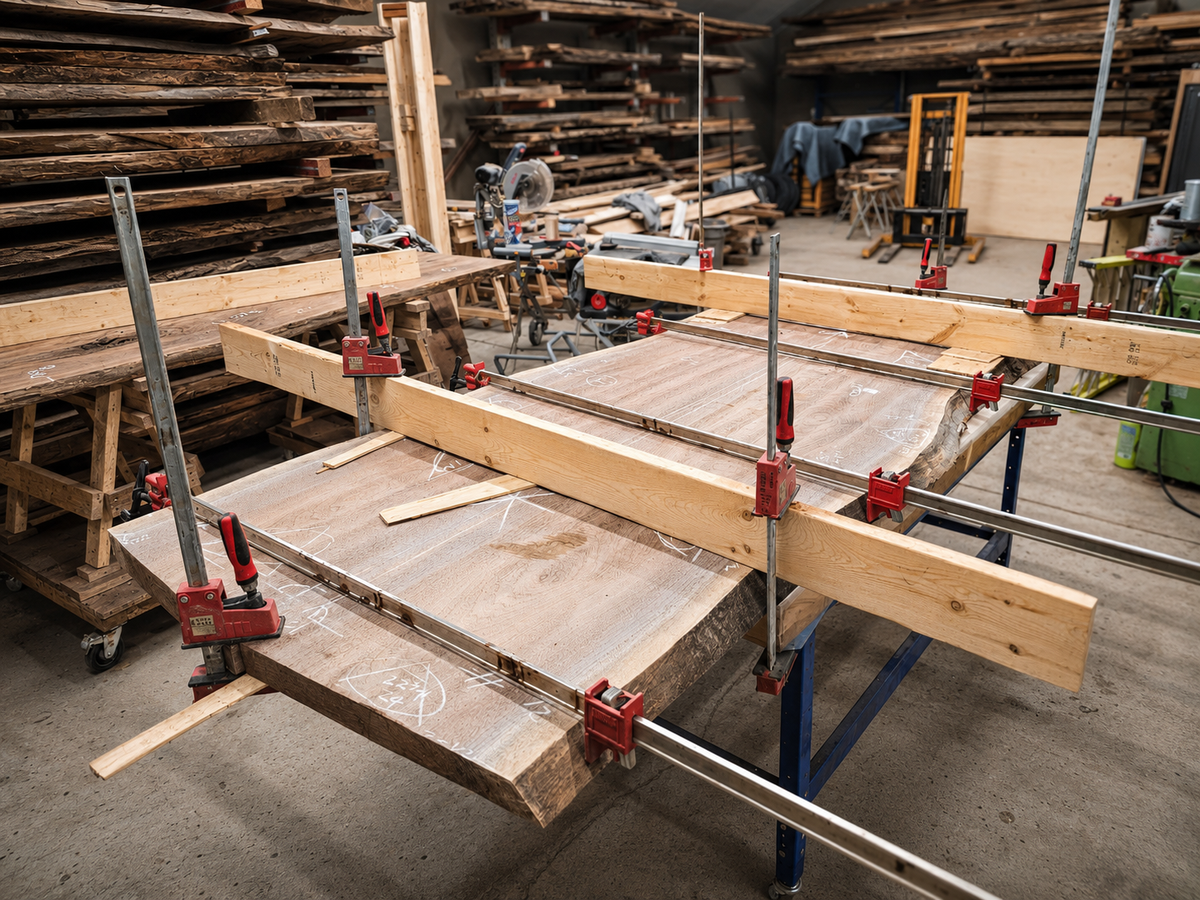 Walnut tabletop panels clamped during glue-up inside the Beaver Hardwood workshop.
