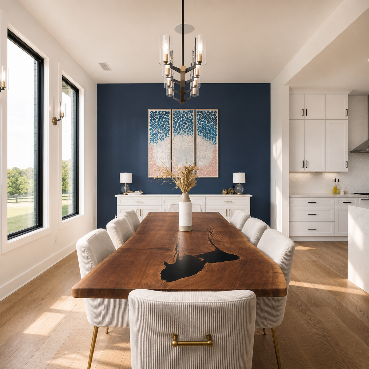 Large statement walnut dining table placed in a bright contemporary interior.