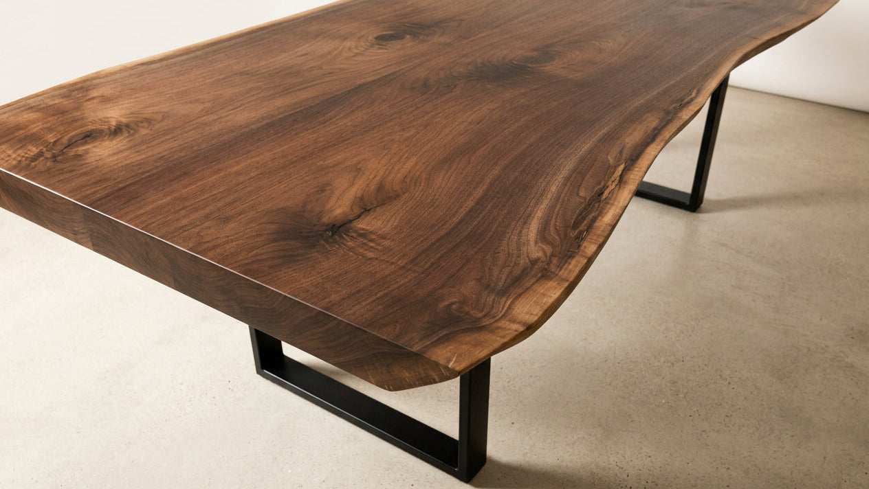 Close view of the Calgary table’s walnut grain, softened corner, substantial end grain and refined live edge.
